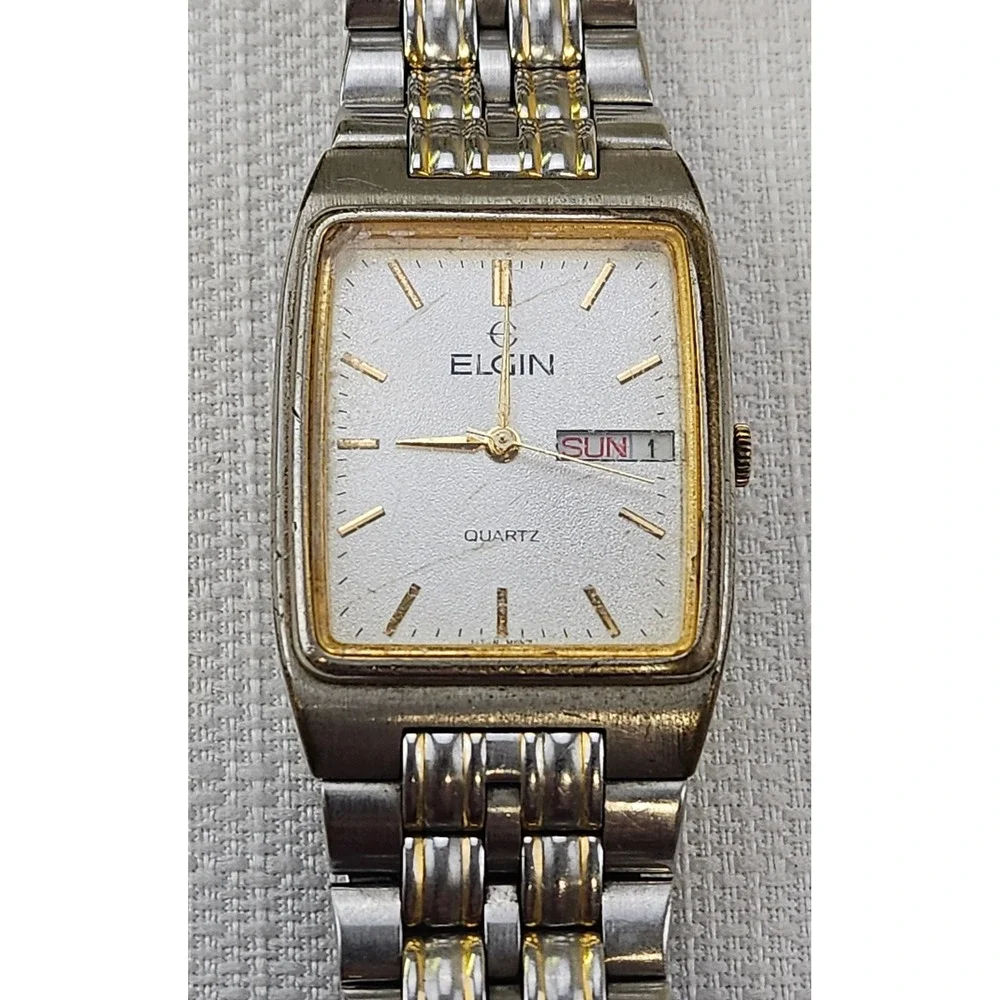 Elgin Two Tone Gold‎ Silver Tone Rectangular Day Date Quartz Watch Men's - READ